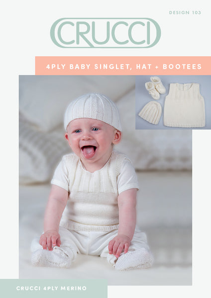 Crucci Baby Singlet, Hat & Bootees Knitting Pattern #103 4ply