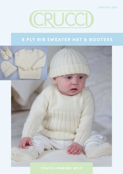 Crucci Raglan Sweater, Hat & Bootees Knitting Pattern #202 8ply