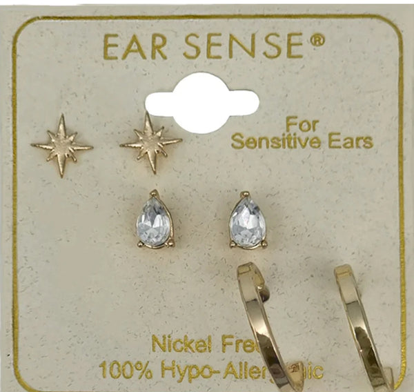 Ear Sense Gold Star/Teardrop/Hoop Trio FC314