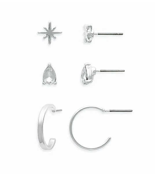 Ear Sense Silver Star/Teardrop/Hoop Trio FC313