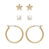 Ear Sense Earring FC322 Gold Crystal Flower/ Pearl/ Hoop Trio