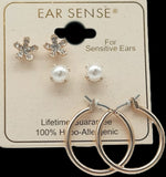 Ear Sense Earring FC322 Gold Crystal Flower/ Pearl/ Hoop Trio