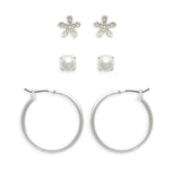 Ear Sense Earring FC321 Silver Crystal Flower/ Pearl/ Hoop Trio
