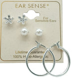 Ear Sense Earring FC321 Silver Crystal Flower/ Pearl/ Hoop Trio