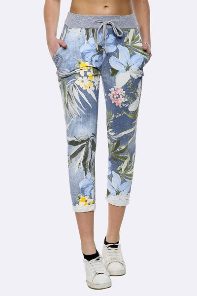 Anne + Kate Italian Tropical Floral Light Denim Print Trousers 14-18