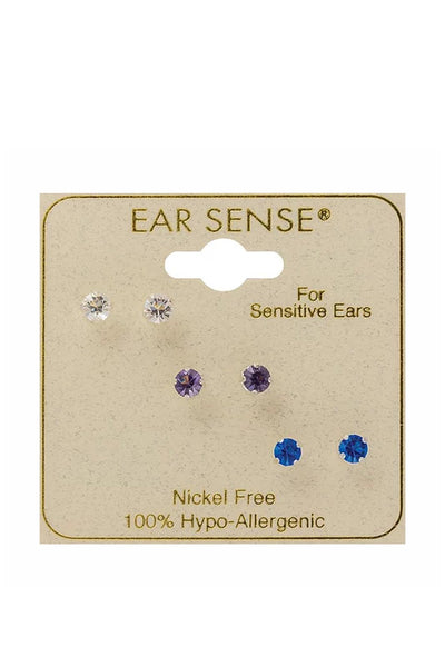 Ear Sense Earring F3-2675, Crystal Stud Trio Clear/Lavender/Sapphire