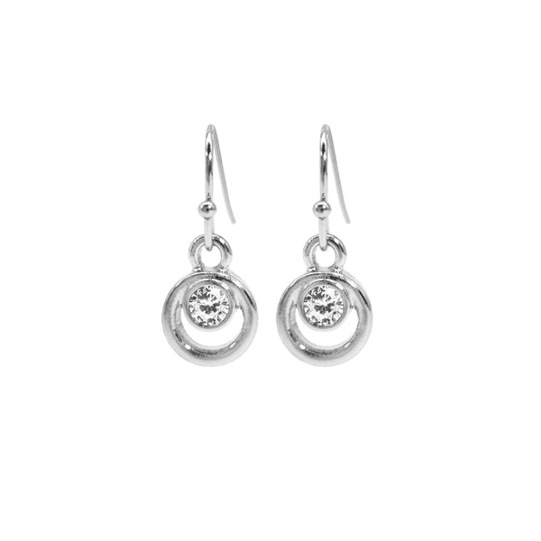 Ear Sense Earring F406 Silver, Small Open Circle with Crystal on a French Hook