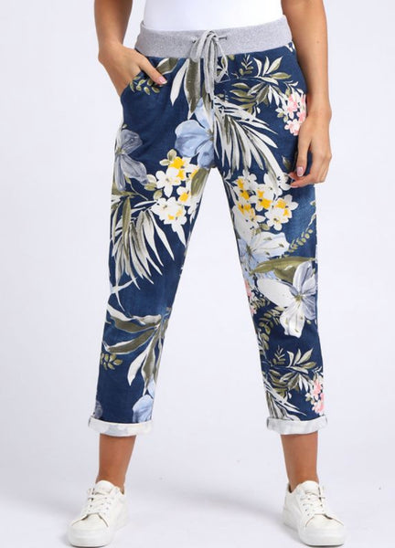 Anne + Kate Italian Tropical Floral Dark Denim Print Trousers 10-12