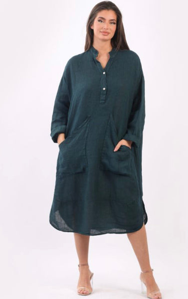 Anne + Kate Italian Pisa Linen Front Pockets Midi Dress