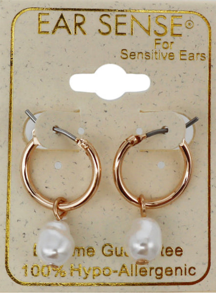 Ear Sense Earrings Gold 16mm Hoop with Pearl Drop F423