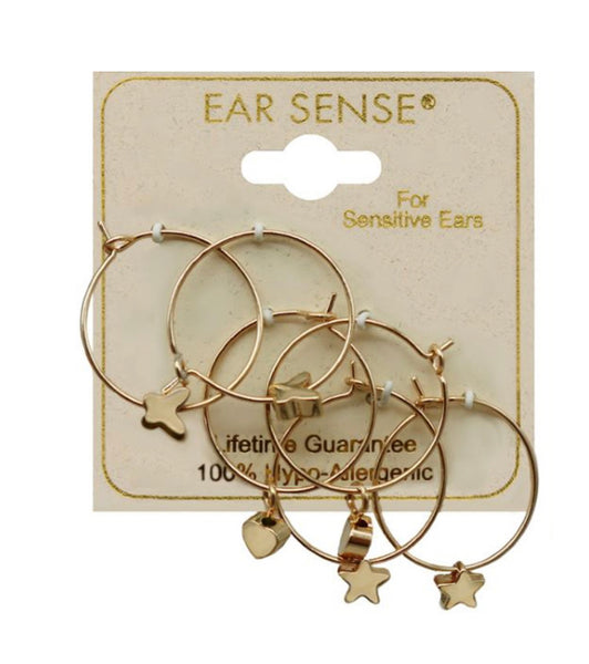 Ear Sense Earrings Gold Hoops w/Charms Trio FC305
