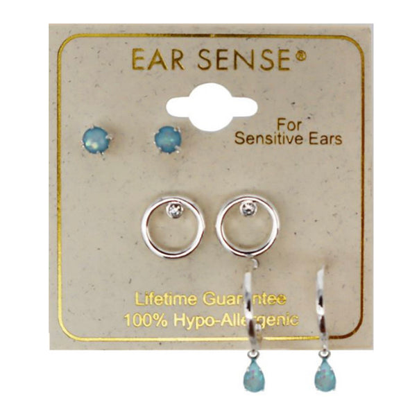 Ear Sense Earrings Silver/Opal Stud, Circle & J Hoop Trio FC302